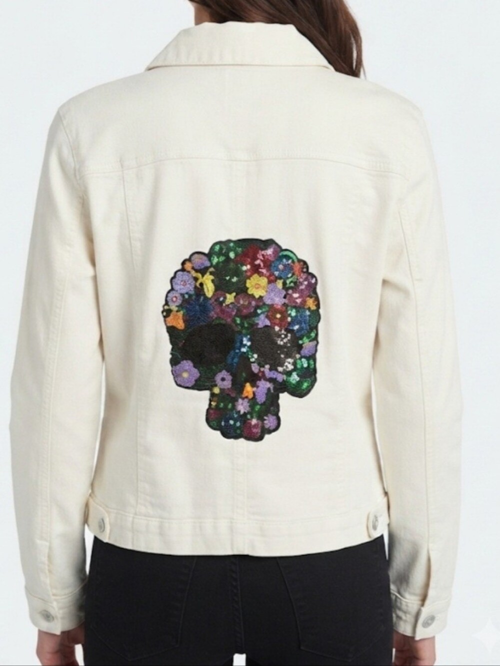Upcycled Cream Denim Jacket Skull Sequin Handmade Floral Halloween Jean Jacket M